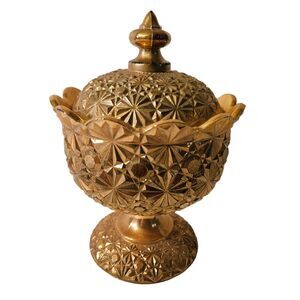 LE Smith Daisy & Button Amber Gold Compote - Ruffled Edges W/Lid